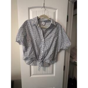 FRNCH Blue & White Tie-Front Patterned Button-Up Blouse